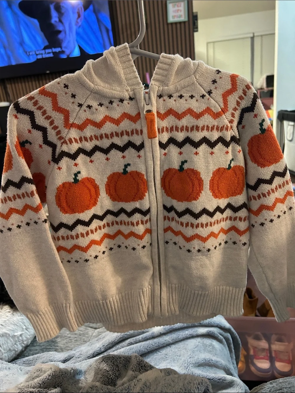 Gymboree Cream Zip-Up Sweater with Orange Pumpkin Motif